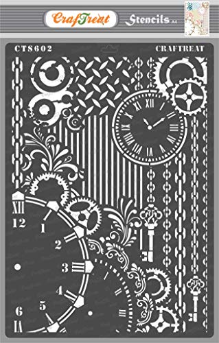 CrafTreat Painting on Wood, Canvas, Paper, Fabric, Wall and Tiles - Clock and Key - A4 Size - Reusable DIY Art and Craft Stencils for Mixed Media Art - Clock Stencils for Painting on Wood von CrafTreat