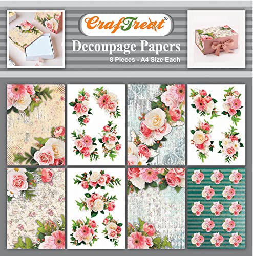 CrafTreat Rosen-Decoupage-Papier zum Basteln, romantische Blumen, Größe: A4 (21,6 x 29,4 cm), 8 Stück, dekoratives Papier für Decoupage, florales Decoupage-Papier für Möbel, Holz und Scrapbooking von CrafTreat