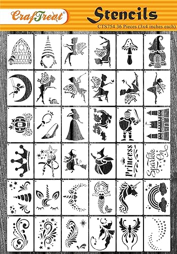 CrafTreat Stencil - Fairy Tale (36 pcs) (3 x 3 Inches) Schablonen zum Malen auf Holz, Wand, Fliesen, Leinwand, Papier, Stoff und Bodenschablone, wiederverwendbare DIY-Kunsthandwerksschablonen von CrafTreat