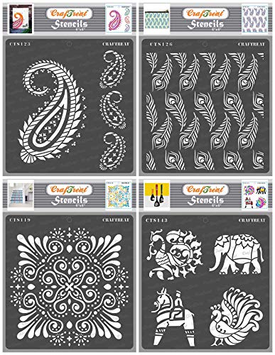 CrafTreat Stencil Paisley and Border, Peacock Feather, Ornate Background and Indian Motifs2 (4 Pieces) - Reusable Painting Template for Home Decor, Crafting, DIY and Printing on Paper Size: 15 x 15 cm von CrafTreat