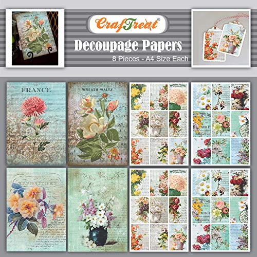 CrafTreat Blumen-Decoupage-Papier zum Basteln – Blumen und Mini-Blumen – Größe: A4 (8,3 x 11,7 Zoll), 8 Stück – Möbel-Decoupage-Papier mit Blumenmuster – Decoupage-Papier für Scrapbooking von CrafTreat