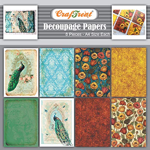 CrafTreat decoupage papier für Möbel - Pfauen- und Mohngarten - A4 8 Stück - reispapier decoupage - decoupage papier vintage - Decopatch-Papier - decoupage kleber - scrapbooking papier von CrafTreat