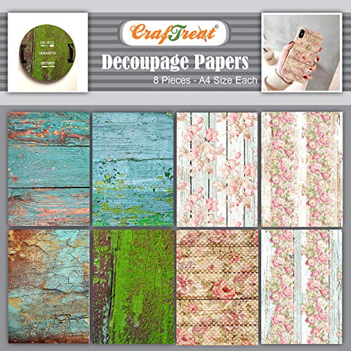 CrafTreat Holz-Decoupage-Papier für Möbel – Hölzer und floraler Holzhintergrund – Größe: A4 (8,3 x 11,7 Zoll), 8 Stück – Decoupage-Papier für Bastelarbeiten und Scrapbooking von CrafTreat