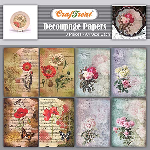 CrafTreat Rosen-Decoupage-Papier für Kunsthandwerk und Möbel – Mohnblumen und Rosen – Größe: A4 (8,3 x 11,7 Zoll), 8 Stück – Möbel-Decoupage-Papier Mohnblumen – Blumen-Decoupage-Papier für Möbel von CrafTreat