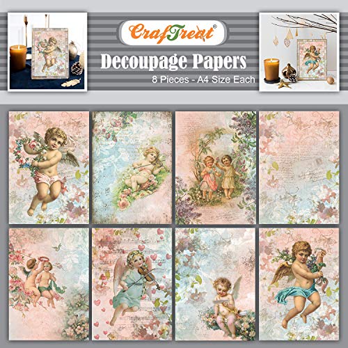 CrafTreat decoupage papier für Möbel - Engel Set I & II A4 (21 cm x 29,7 cm) 8 Blatt - reispapier decoupage - decoupage papier vintage - Decopatch-Papier - decoupage kleber - scrapbooking papier von CrafTreat