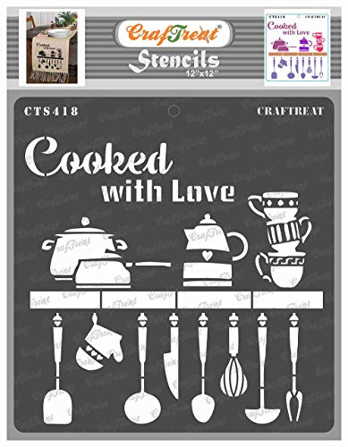 Wiederverwendbare Küchendekor-Schablonen von CrafTreat zum Malen auf Holz, Wand, Leinwand, Papier, Stoff und Boden – „Cooked With Love“ – 30,5 x 30,5 cm – DIY-Küchenkunst- und Bastelschablonen von CrafTreat