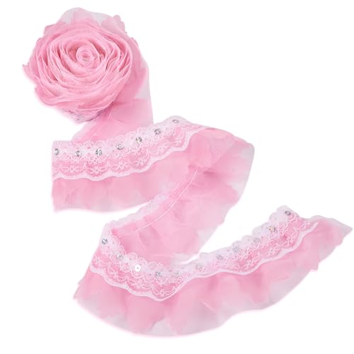 Crafans 2-lagiges Spitzenband, Polyester, Chinlon, plissiert, 2 m, Rüschen, Spitze, Lochstickerei, für Kleid, Brautband, zum Aufnähen, Applikation, Tuch, Rosa von Crafans