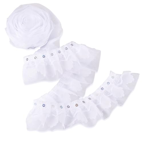 Crafans 2-lagiges Spitzenband aus Polyester, Chinlon, plissiert, 2 m Rüschen, weiße Spitze, Lochstickerei, für Kleid, Brautband, zum Aufnähen, Applikation, Tuch, Weiß von Crafans