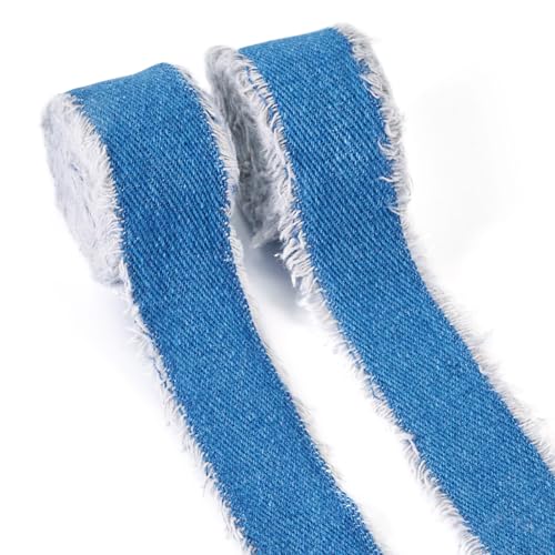 Crafans 25 mm breite Denim-Bänder mit rohen Kanten, Stoffstoff, Denim-Band, Denim-Streifen für DIY-Schleife, Haarband, Nähen, Projekt, Kleidungszubehör, mittelblau von Crafans