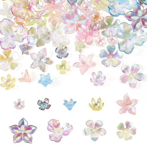 Crafans 45 Stück Blumen-Perlenkappen in 9 Farben, transparente Acryl-Perlenkappen, verschiedene Blüten-Abstandshalter, Perlen, Farbverlauf, Großpackung für DIY-Halsketten, Schmuckherstellung von Crafans