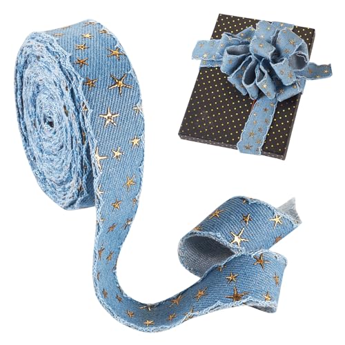 Crafans 5 Yards 3D Star Gold Stamping Ribbon Vintage Denim Cloth Ribbons 25mm Wide Star Denim Cloth Fabric Ribbons for DIY Clothes Accessories Sewing on Projects, Blue von Crafans