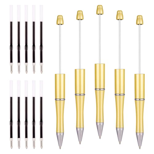 Crafans 5 x Perlenstifte aus Kunststoff mit 10 Ersatzminen, DIY-Kugelschreiber mit schwarzer Tinte, Tintenroller für Studenten, Büro, Schulbedarf, Gelb von Crafans