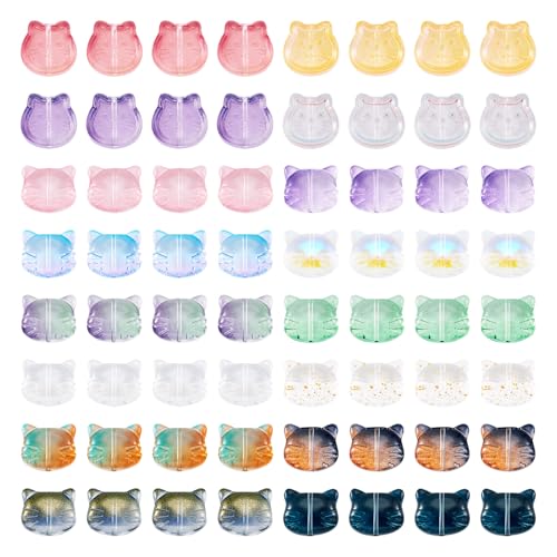 Crafans 64 Stück Katzenglasperlen, niedliches Tier, transparent, Abstandshalter, Katzenkopf, Glasperlen, Katzen-Lampwork-Perlen, Großpackung für DIY-Armbänder, Halsketten, Ohrringe, Schmuckherstellung von Crafans