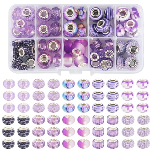 Crafans 66 Stück violette europäische Perlen, großes Loch, Rondelle, Abstandshalter, Polymerton, Strass, europäische Perlen für DIY-Armbänder, Halsketten, Ohrringe, Schmuckherstellung von Crafans