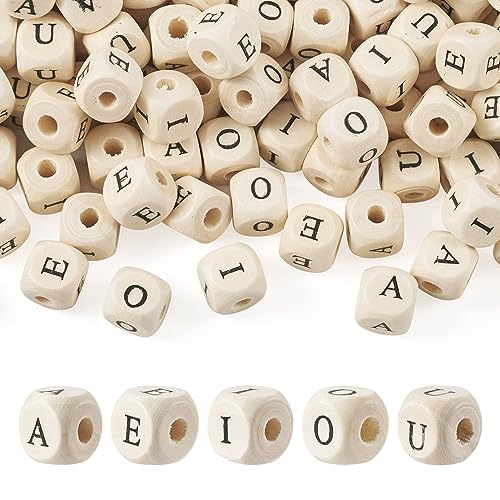 Crafans A-E-I-O-U Holz-Buchstabenperlen, 12 mm, Würfel, Alphabet-Abstandshalter, horizontales Loch, natürliche Schima-Holzperlen für DIY-Schmuckherstellung, Beige, 250 Stück von Crafans