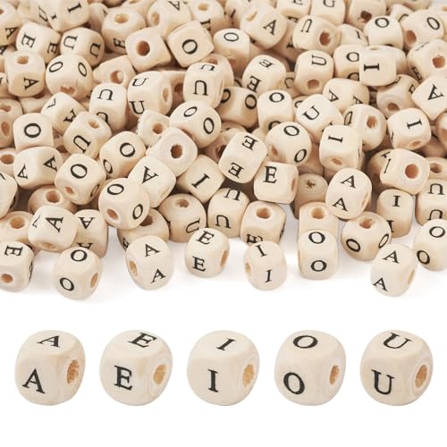 Crafans A-E-I-O-U Holz-Buchstabenperlen, 8 mm, Würfel, Alphabet-Abstandshalter, horizontales Loch, Holzperlen, bedruckt, natürliche Holzperlen für DIY-Schmuckherstellung, Antikweiß, 250 Stück von Crafans