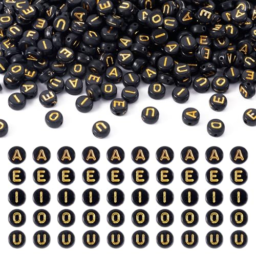 Crafans Acryl-Abstandshalter-Perlen mit Buchstaben A-E-I-O-U, Goldene und schwarze Buchstaben-Schmuckperlen, 7 mm, flache runde Alphabet-Perlen, Großpackung für DIY-Armbänder, Halsketten, von Crafans