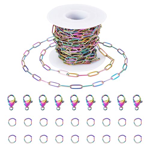 Crafans Edelstahl-Schmuckherstellungs-Ketten-Set, Regenbogenfarben, Büroklammern, Gliederketten mit Karabinerverschlüssen, Sprungring, Halskette für Bastelarbeiten, Armband, Edelstahl von Crafans