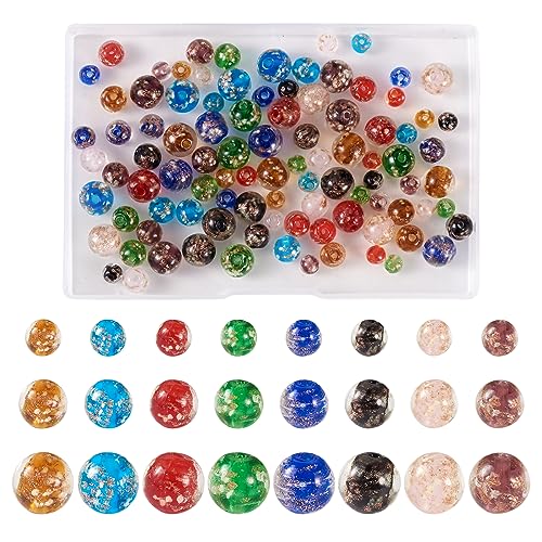 Crafans Leuchtende Lampwork-Perlen, 6 mm/8 mm/10 mm, rund, Abstandshalter, leuchten im Dunkeln, goldener Glitzer, klobige Perlen für DIY-Armbänder, Schmuckherstellung, 96 Stück von Crafans