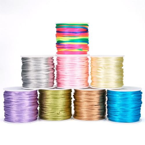 Crafans Nylon-Perlenschnur, 8 Farben, 2 mm, rund, geflochtene Satinschnüre, chinesische Knoten, Rattailfäden, Nylonschnur zum Basteln von Perlen, 8 Rollen von Crafans