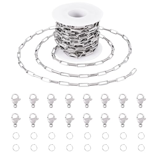 Crafans Schmuckherstellungs-Ketten-Set, rechteckige Edelstahl-Gliederketten mit Karabinerverschlüssen, Sprungring, Halskette für Bastelarbeiten, Armband, Edelstahlfarbe von Crafans