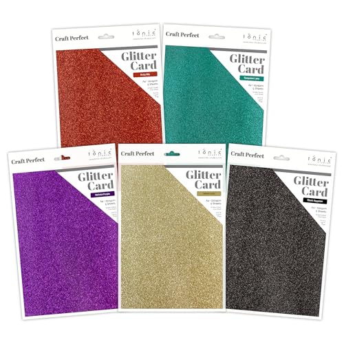 Craft Perfect Glitzer-Karton-Bündel – Türkisfarbener See, schwarzer Saphir, walisisches Gold, Rubinritz und Nebelviolett – A4-Größe – 250 g/m² – je 5 Blatt (insgesamt 25 Blatt) von Craft Perfect