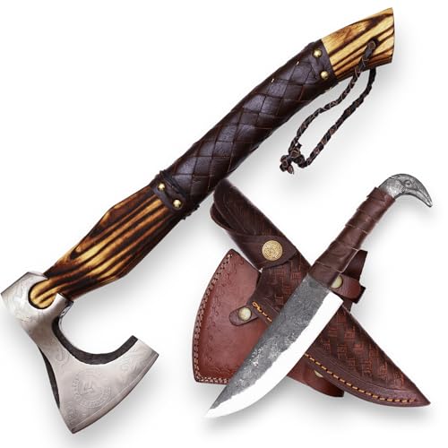 CraftTal Wikinger-Axt-handgefertigtes 2 in 1 Axt und Rabenkopf-Messer. 48cm Griff aus Eschenholz. 1095 Kohlenstoffstahl scharfe Klinge mit Lederscheide (Braun Axt mit Messer) von CraftTal