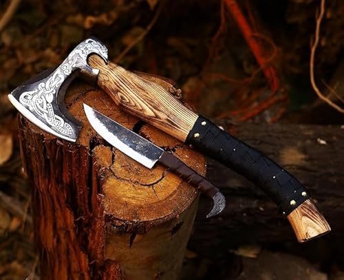 CraftTal Wikinger-Axt-handgefertigtes 2 in 1 Axt und Rabenkopf-Messer. 48cm Griff aus Eschenholz. 1095 Kohlenstoffstahl scharfe Klinge mit Lederscheide (Schwarz Axt mit Messer) von CraftTal