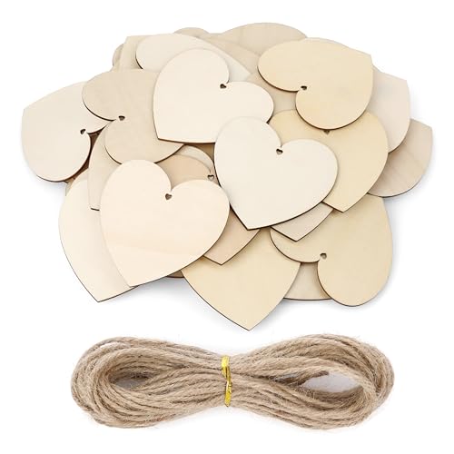 CraftWerk Holzherzen 48er Pack mit 10 Juteschnur - Holzanhänger mit Loch zum Beschriften - Herz als Namensschild für Taufe oder Hochzeit - 10 cm von CraftWerk