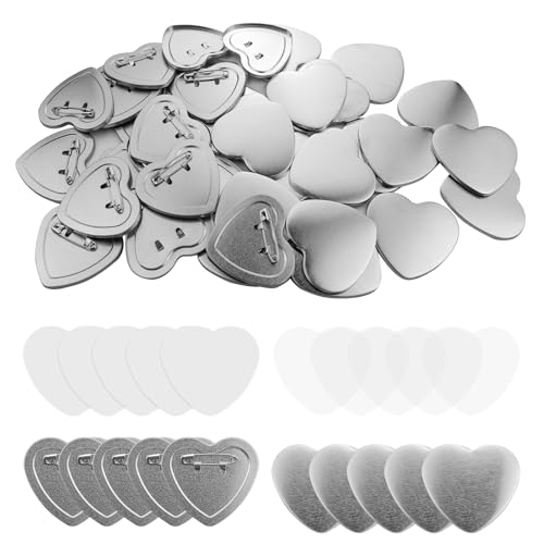 100 Sets Herzförmige Knopfmacher-Zubehör, Knopfteile für Knopfmacher, Maschine, Herzform, Metall, blanko, Knopfnadeln, Herz-Abzeichenteile mit transparenter Folie, blanko Papier von Craftask