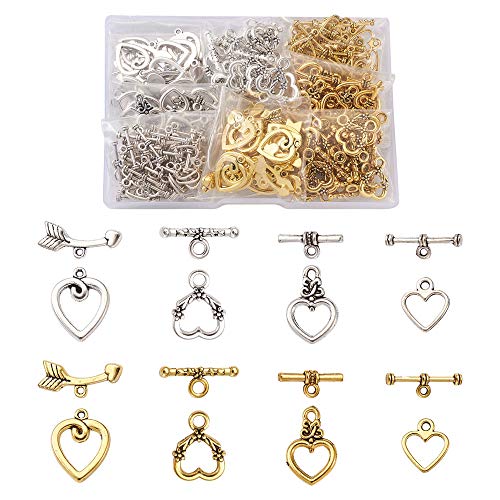 Craftdady 150 Sets 4 Stile tibetische Knebelverschlüsse Herzform OT-Verschlüsse mit Schlaufe Halskette Armband Verbinder für Schmuckherstellung, Antik-Silber, Goldfarben von Craftdady