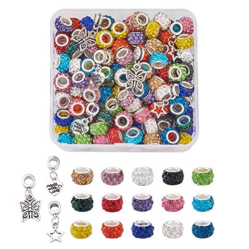 Craftdady 150 Stück 15 Farben Polymer-Ton große Löcher Europäische Perlen Rondelle Slide Strass Abstandshalter Perlen mit 6 tibetischen Silber baumelnden Charms für Schmuckherstellung von Craftdady