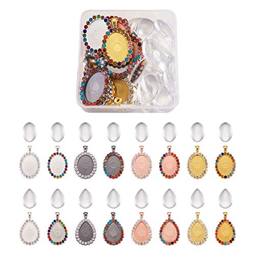 Craftdady 16 Sets ovale Tropfenform Strass Lünette Anhänger Schalen Blankos Cabochon Anhänger Fassung DIY Tabletts mit Glaskuppel Fliesen Klar Kamee für Schmuckherstellung von Craftdady