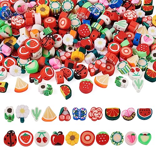 Craftdady 190 Stück Multi-Fruit Blume Handgemachte Polymer Clay Perlen Gänseblümchen Rote Erdbeere Kleine Flache Perlen für Schmuckherstellung Armband Halskette Ohrringe Loch:1,5 mm von Craftdady