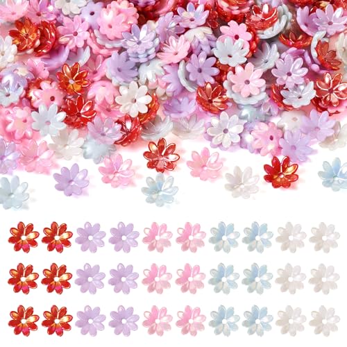 Craftdady 200 Stück Acryl-Perlenkappen, flach, undurchsichtig, schillernd, Bastelperlen, Multi-Petal-Blumenperlen für Schmuckherstellung, DIY-Halskette, Armbänder, Loch: 1,5 mm von Craftdady