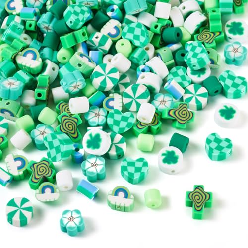 Craftdady 200 Stück handgefertigte Polymer-Ton-Perlen, flach, rund, Blumen-Perlen, mittelgroß, Frühlingsgrün, für St. Patrick's Day, Schmuckherstellung, DIY Handwerk von Craftdady