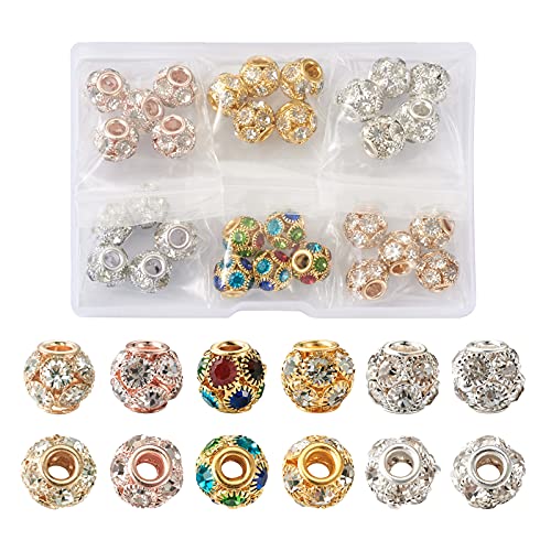 Craftdady 30 Stück Messing Strass Kugel Perlen Rondelle Perlen 12 mm Strass Kristall Pavé Messing Diskokugel lose große Loch Abstandhalter für Schmuck Armband Herstellung von Craftdady