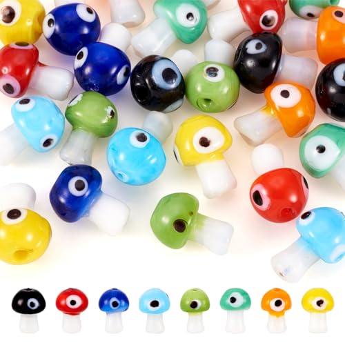 Craftdady 32 Stück handgefertigte böse Blick-Lampwork-Perlen, Großpackung, bunte Pilz-Abstandshalter, Perlen in der Mitte, gebohrte Perlen für Schmuckherstellung, DIY, Ohrringe, Armband, Handwerk von Craftdady