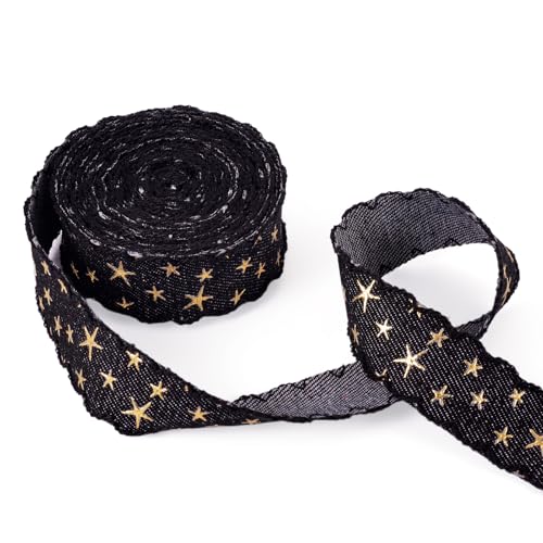 Craftdady 4,5 m Polyester-3D-Stern-Gold-Stempelband, 25,5 mm, Denim-Stoffband, Jeansband, gewellter Rand, schwarz, für Kleidung, Accessoires, Geschenkverpackungen von Craftdady