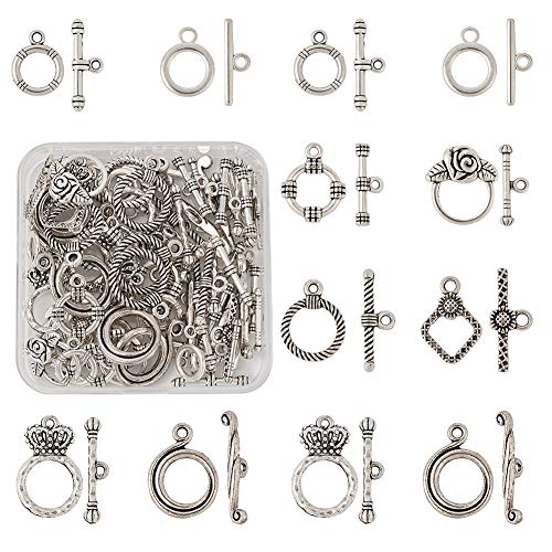 Craftdady 40 Sets Antik-Silber, runde Ring-Knebelverschlüsse, 8 Stile, tibetisches Metallverschluss, Endverschlüsse mit T-Verbindungsstücken für Bastelarbeiten, Armbänder, Schmuckherstellung von Craftdady
