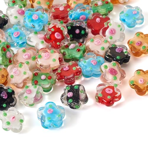 Craftdady 42 Stück handgefertigte Bumpy Lampwork Blumen Perlen lose Innenfarbe Pflaumenblüten Glasperlen Abstandshalter Perlen für Schmuckherstellung DIY Halskette Armband Handwerk Loch: 1,5 mm von Craftdady