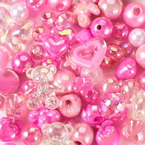 Craftdady 58 Stück gemischte Acrylperlen, Hot Pink, transparent, blickdicht, Schmuckherstellung, gemischte Perlen, 7 ~ 36,5 mm, Herz-Stern-Perlen-Abstandshalter von Craftdady