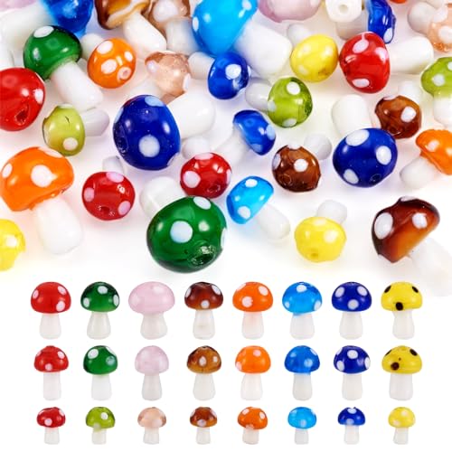 Craftdady 64 Stück handgefertigte Pilz-Lampwork-Perlen, Großpackung, bunte Abstandshalter-Perlen, mittig gebohrte Perlen für Schmuckherstellung, DIY, Ohrringe, Armband, Handwerk, Loch: 1,5–2 mm von Craftdady