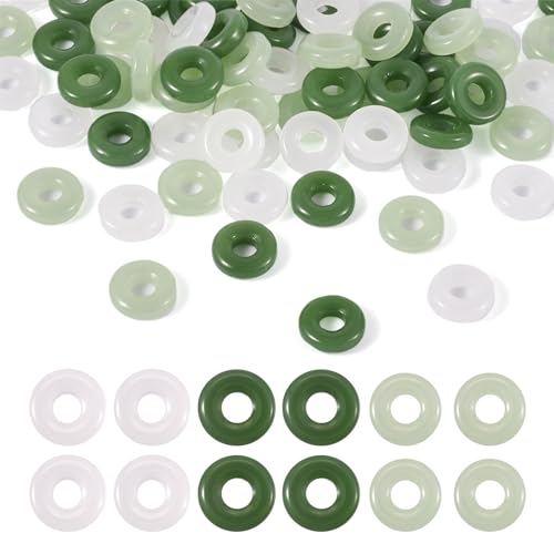 Craftdady 75 Stück 12 mm hohle Kreise flache runde Glasperlen grün-weiße Scheiben, lose Perlen aus Kristallglas, Donut-Ring, Charm-Perlen für DIY-Armbänder, Ohrringe, Schlüsselband, Schmuckherstellung von Craftdady