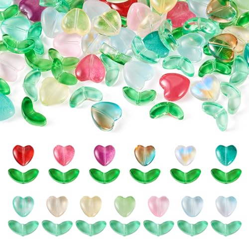 Craftdady 78 Stück transparente Blumen-Glasperlen Herz Blatt Abstandshalter Perlen Bulk Farbverlauf Blumenperlen für Schmuckherstellung DIY Halskette Armbänder Handwerk Loch: 1 mm von Craftdady