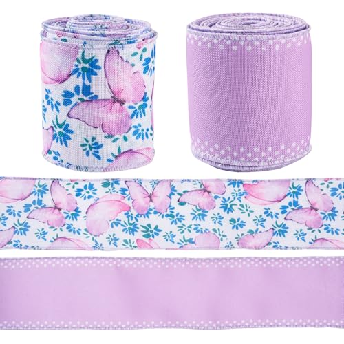 Craftdady Bedrucktes Polyesterband mit Draht, 65 mm, Schmetterlings-Blume, Stoffband, Sommerthema, Ripsband, violett, für Blumenschleifen, Geschenkverpackungen, 9 m von Craftdady