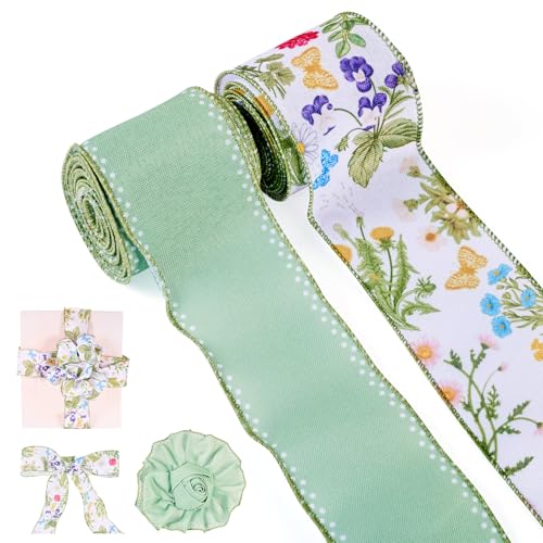 Craftdady Bedrucktes Polyesterband mit Draht, 65 mm, Sommermotiv, Blumenmuster, Jute, Ripsband, Grün, für Schleifen, Blumensträuße, Verpackung, Geschenkverpackung, 9 m von Craftdady