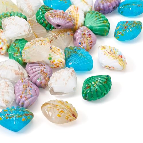 Craftdady Muschelförmige handgefertigte Lampwork-Perlen, Großpackung, undurchsichtig, Muschelimitat, glasierte Perlen mit bemaltem Muster für Schmuckherstellung, DIY-Ohrringe, 30 Stück von Craftdady