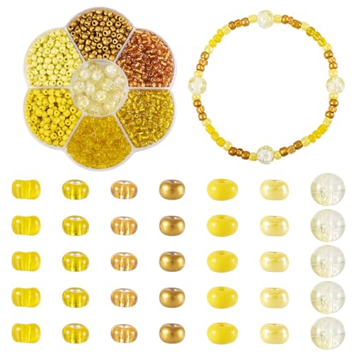 Craftdady Rondelle-Glas-Rocailles-Set, runde Glasperlen, Abstandshalter, Mini-Abakusperlen, Gelb, für Schmuckherstellung, Armband, Halskette, Handwerk, 7 Stile, 4 mm, 8 mm von Craftdady