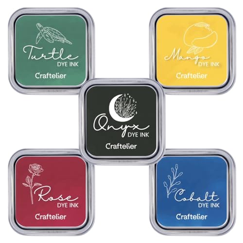 Craftelier - 5er-Pack Tinten auf Wasserbasis, ideal für Acryl- oder Gummistempel und poröse Oberflächen, Stempelgröße 4 x 4 cm, Schachtelgröße 6,3 x 6,3 cm, Rosa, Mango, Kobalt, Schildkröte und Onyx von Craftelier